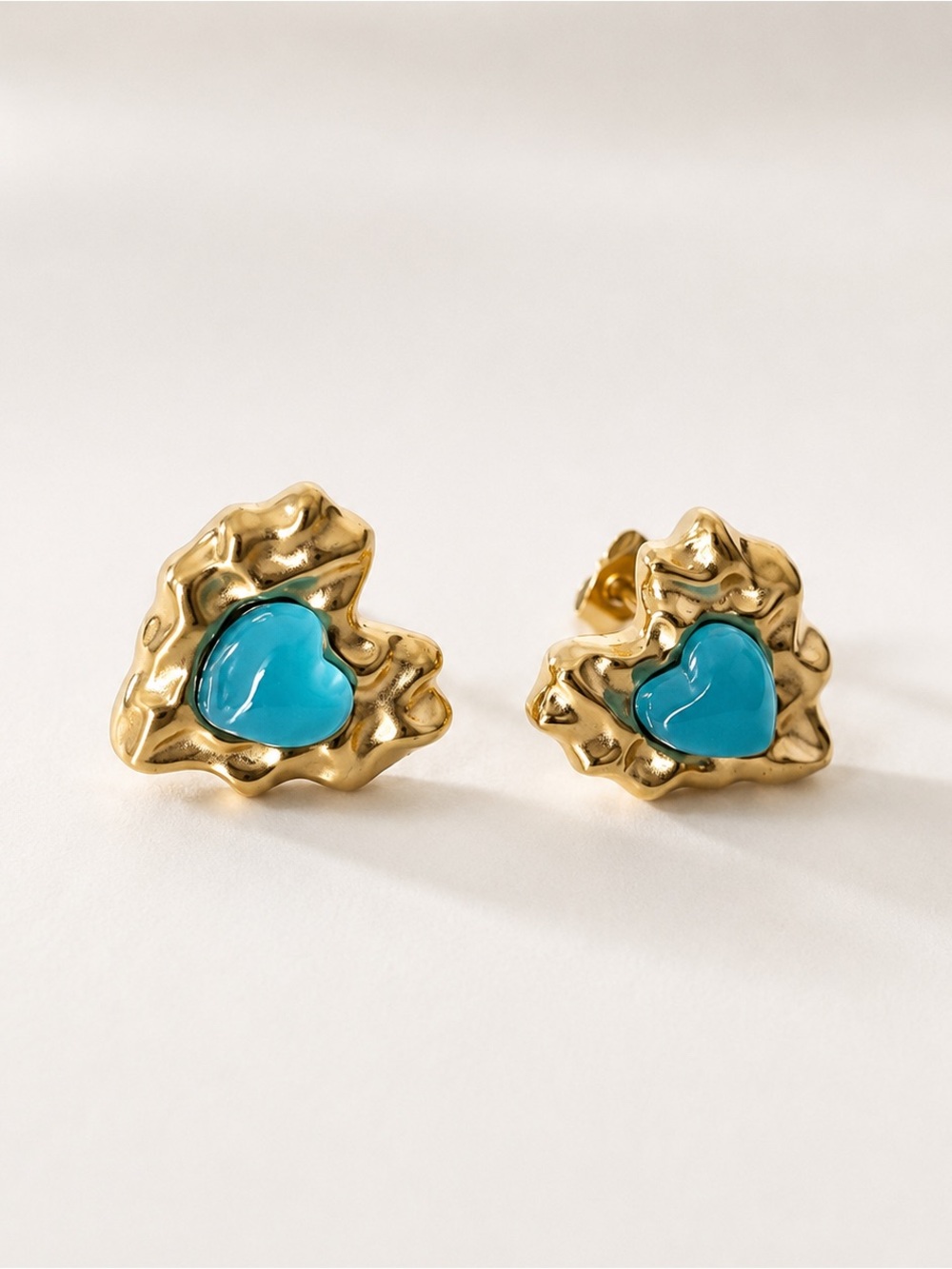 18K Gold Plated Stainless Steel Blue Heart Stud Earrings Hypoallergenic